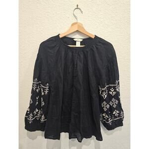 HM linen blend black embroidered white boho blouse sz Medium